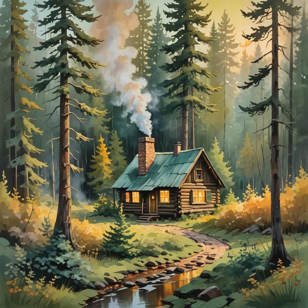 Whimsical Cabin in Impressionist Gouache Landscape