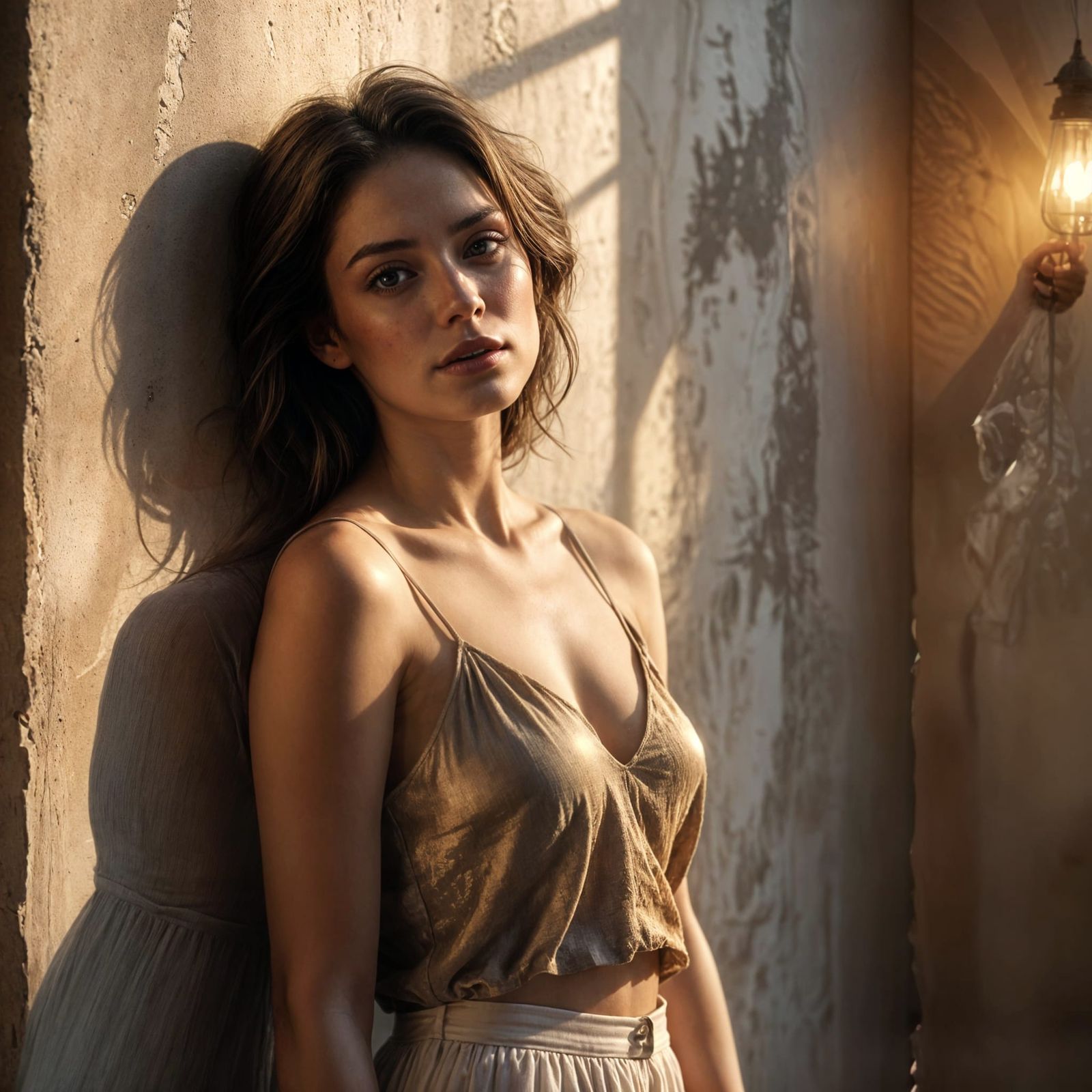 Sensual Woman Leans against a Wall in a Soft Focus, Golden L...