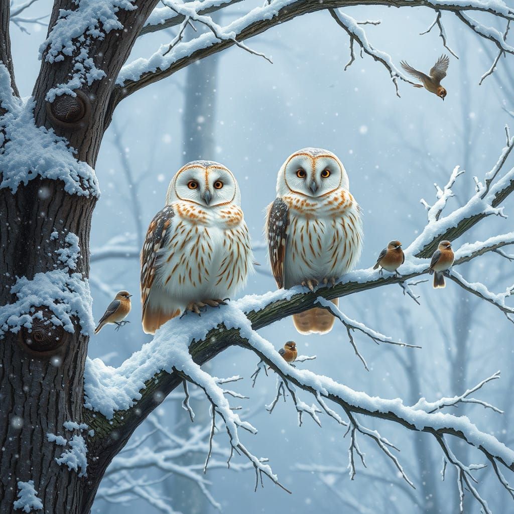 Barn Owls in Winter Wonderland with Snowy Tree Branch