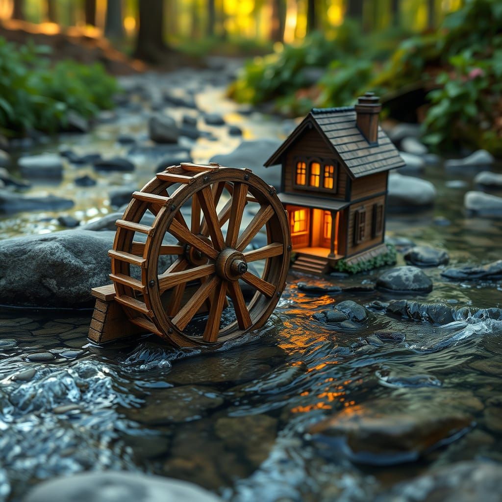 Miniature Waterwheel Illuminates Charming Dollhouse