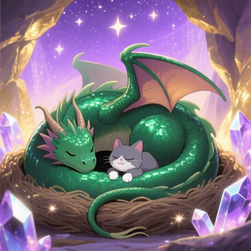 Massive Dragon and Kitten in Magical Crystal Cave
