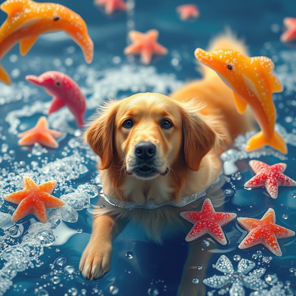 Golden Retriever in Soda Sea: A Fantastical Dream