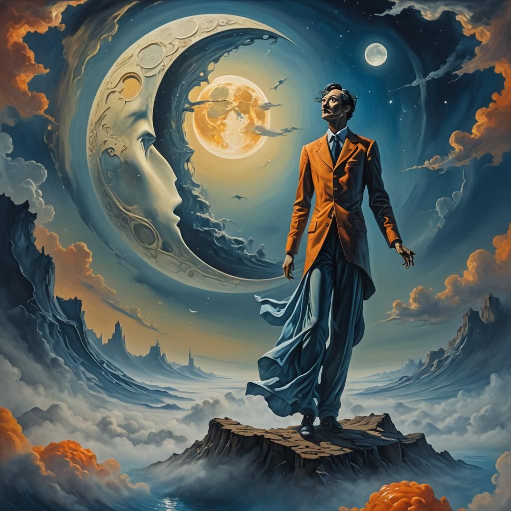 Surreal Distorted Figure Floating with Moon