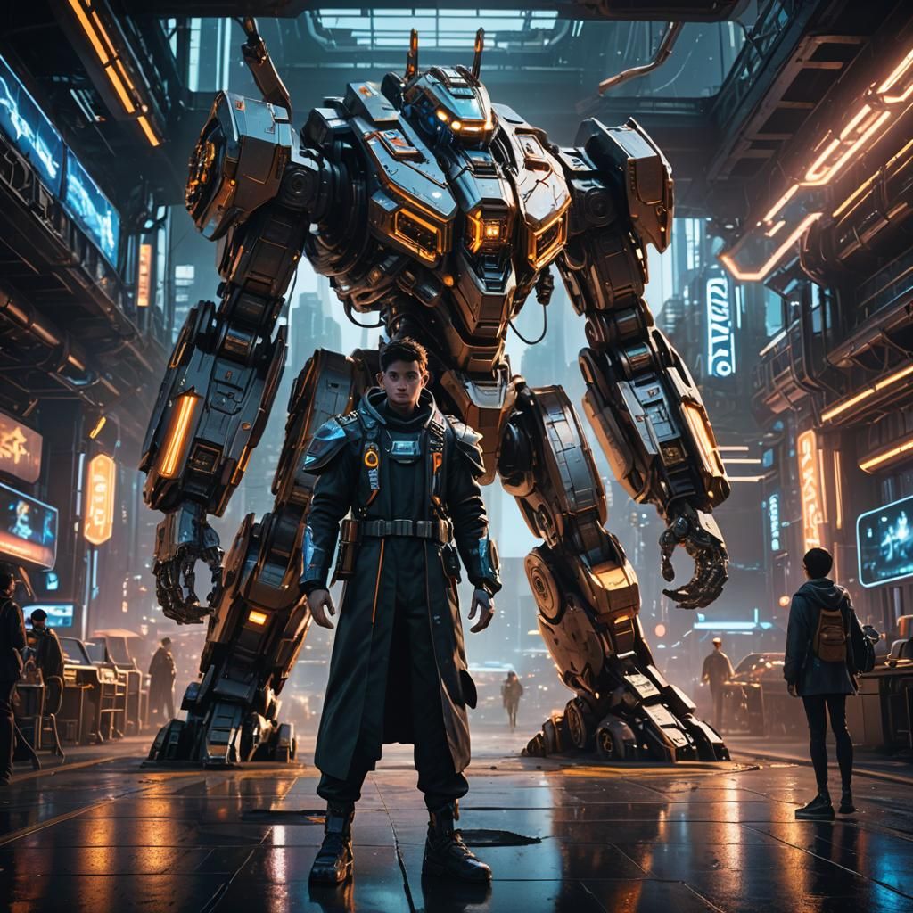 Sci-Fi Graduation: Student and Mech in Cityscape