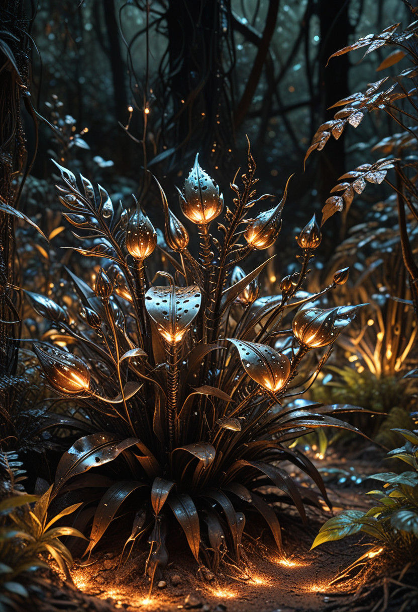 Surrealistic Metallic Botanicals in a Gigeresque Forest