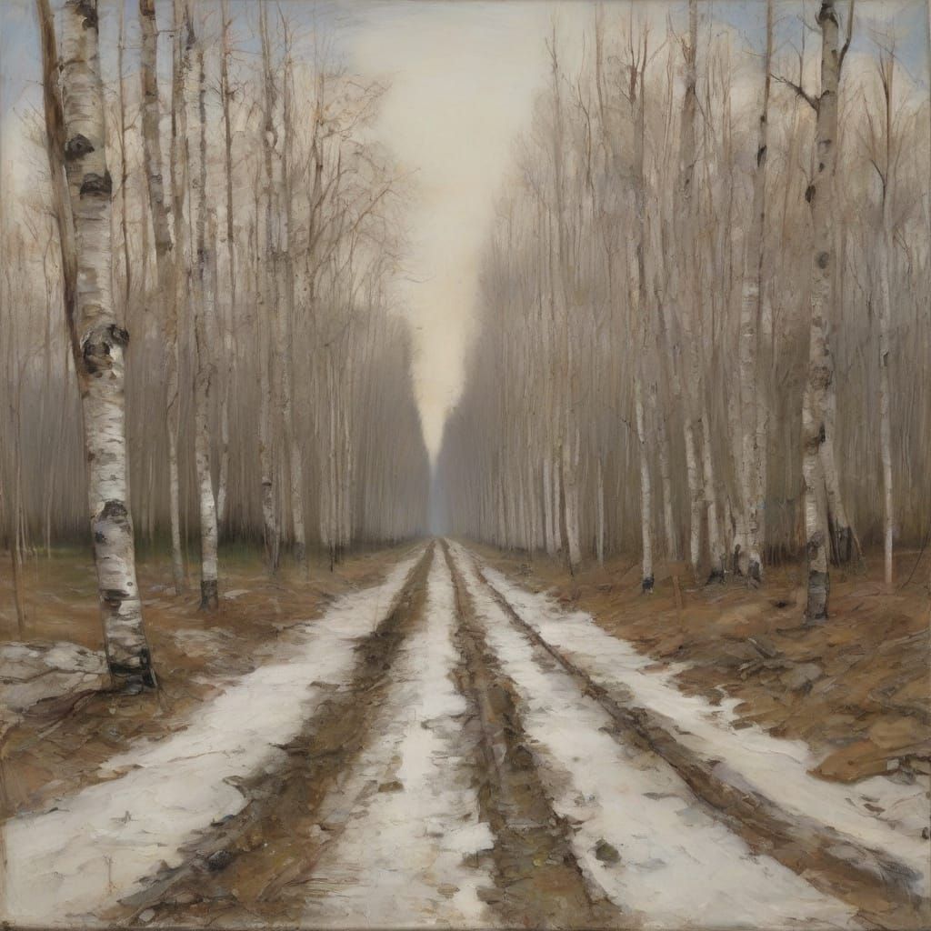 Cyberpunk Landscape of a Muddy Road in a Birch Forest