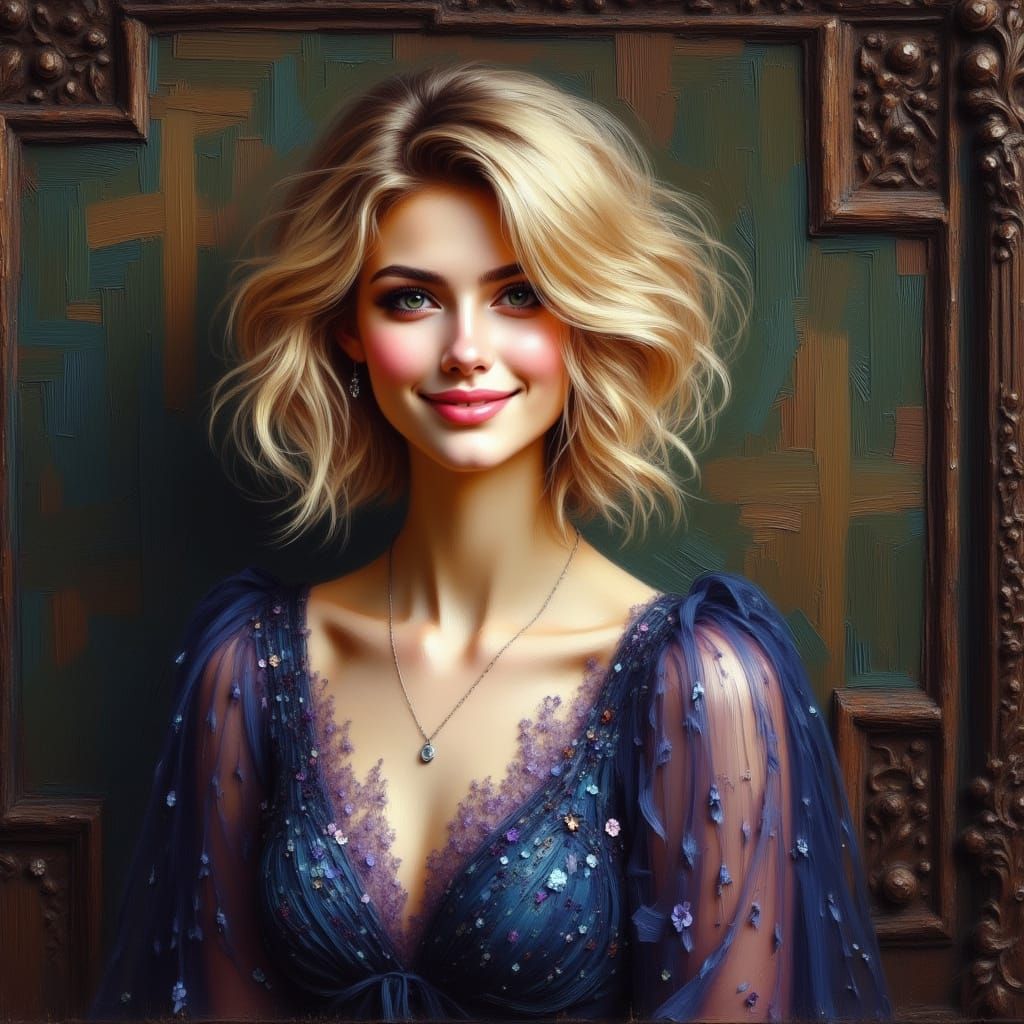 Young Woman in Blue and Purple Evening Dress