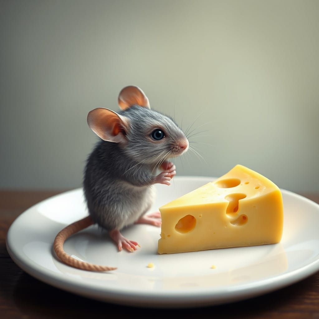Whimsical Mouse Contemplates Perfect Cheese on Elegant White...