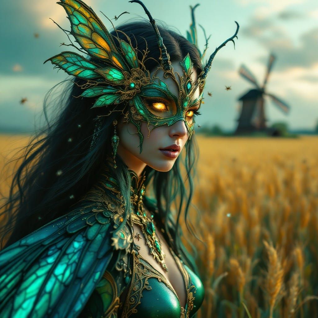 Ethereal Emerald Queen of Whispers in Bug-Inspired Regalia