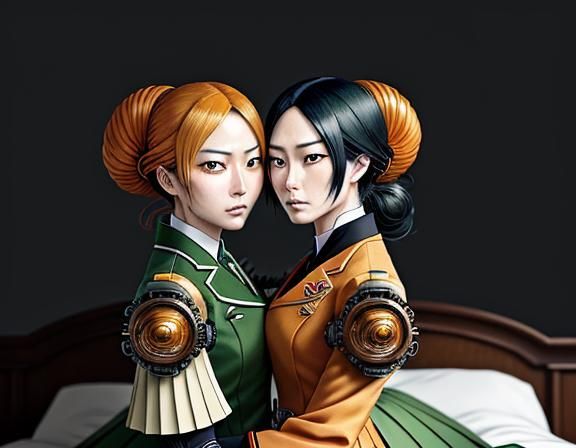 Steampunk Twin Sisters Kissing in Manga Style