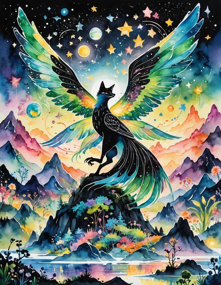 Alien Creature with Bird Wings in Surreal Landscape