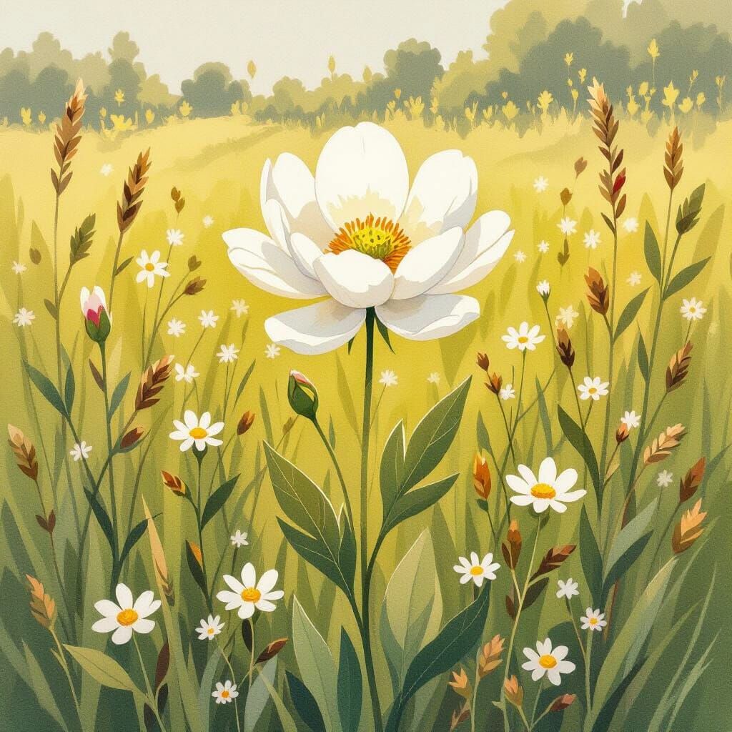 Flower in Sunlit Field, Whimsical Illustration