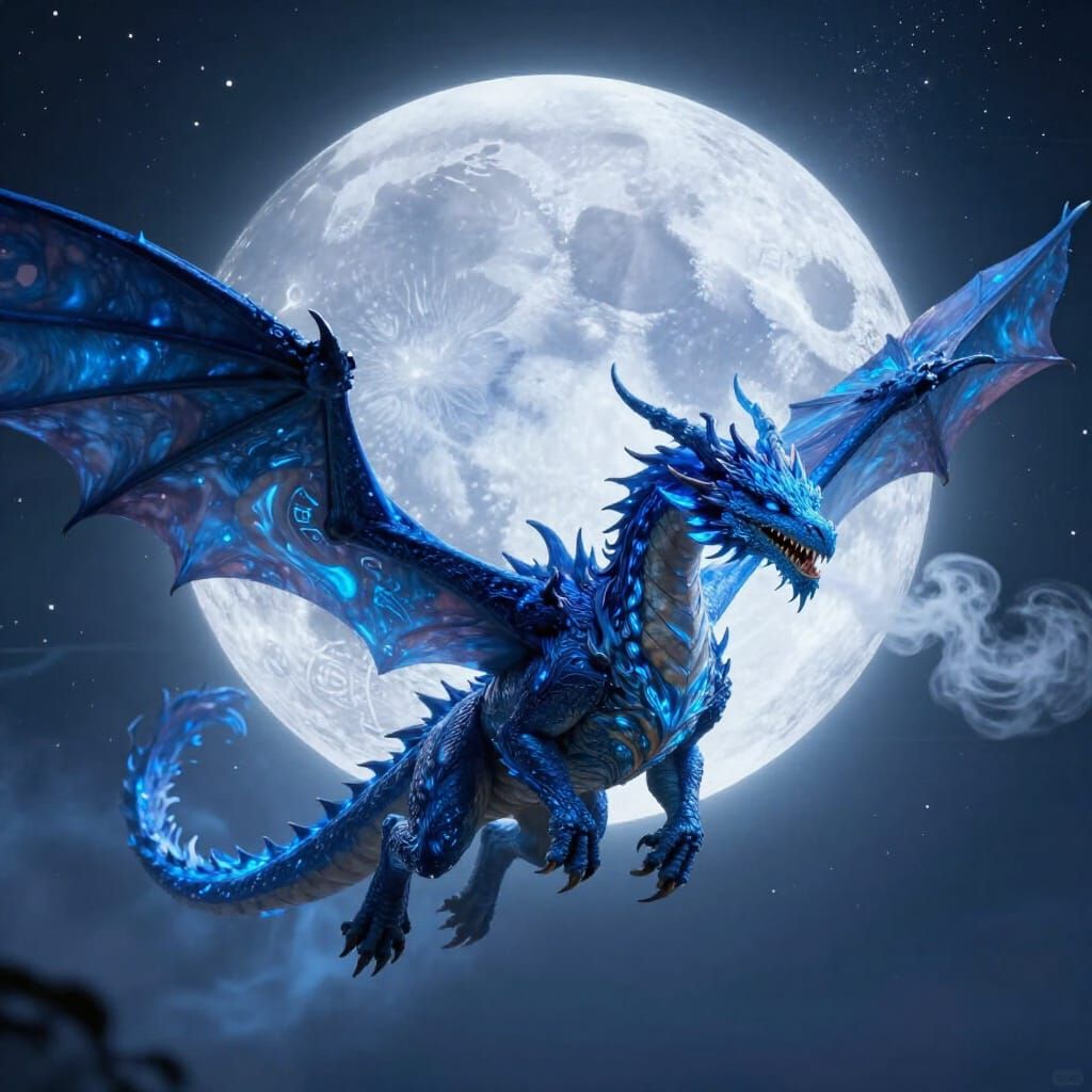 Blue Fire Dragon Soars Towards Magic Moon