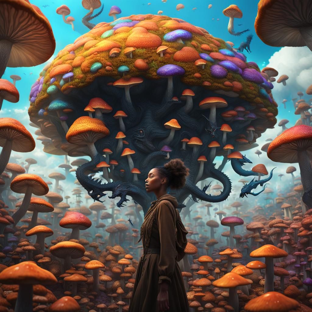 Woman Floating in Mushroom Field with Dragons