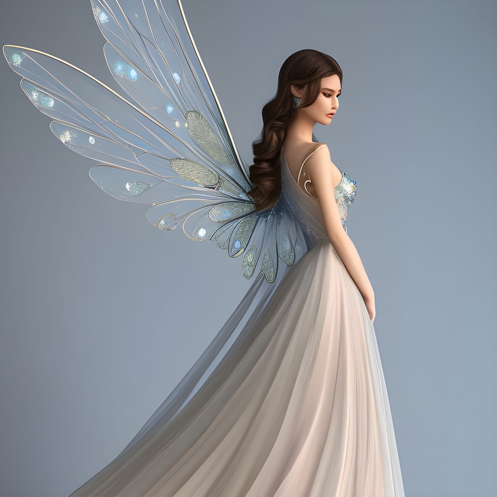 Elegant fairy! Hyperrealistic Beautiful fairy dress iridescent elegant twinkling, intricate, by Magali Villeneuve, Alex ...