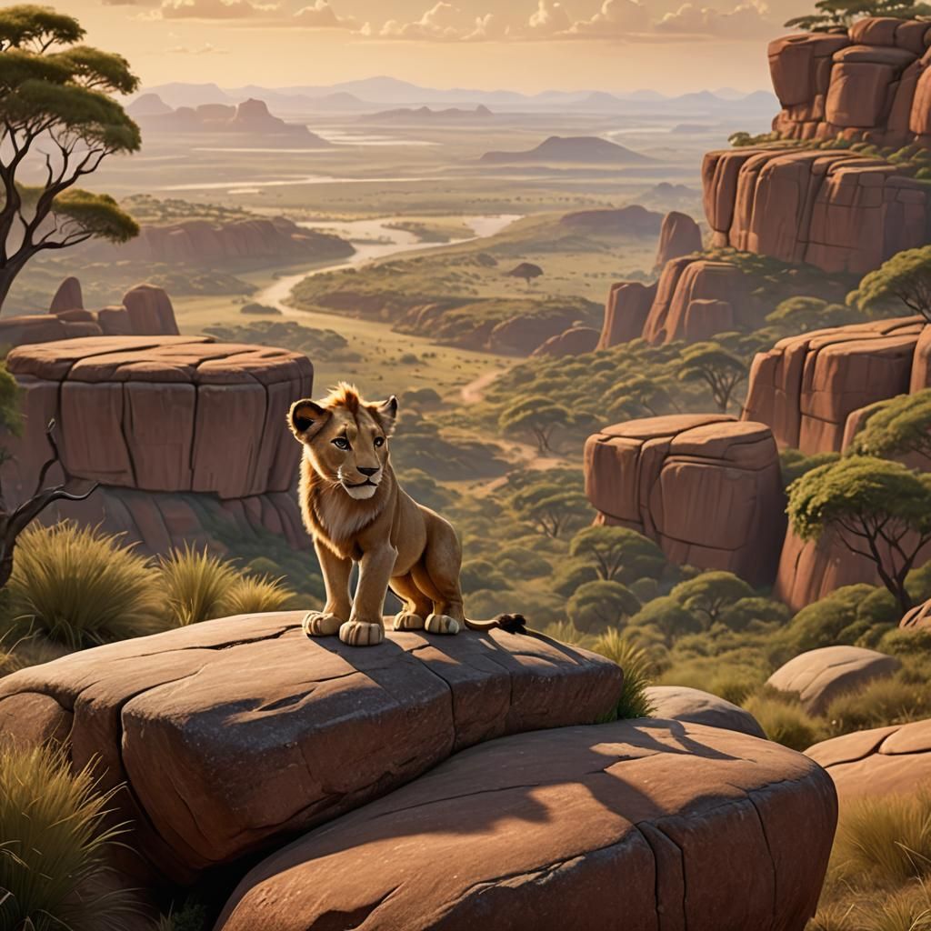 Simba Gazes Over the Savanna in Disney Style