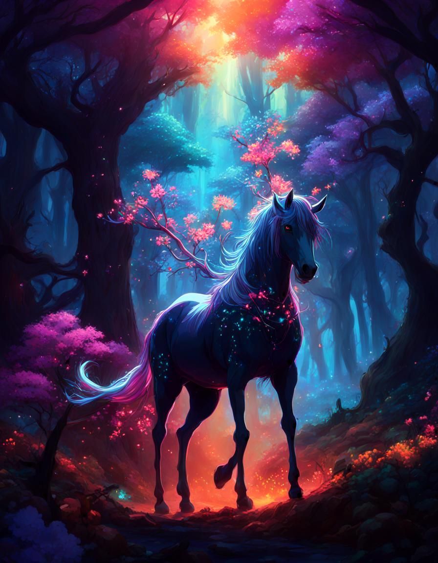 Magical Centaur in Bioluminescent Anime Forest