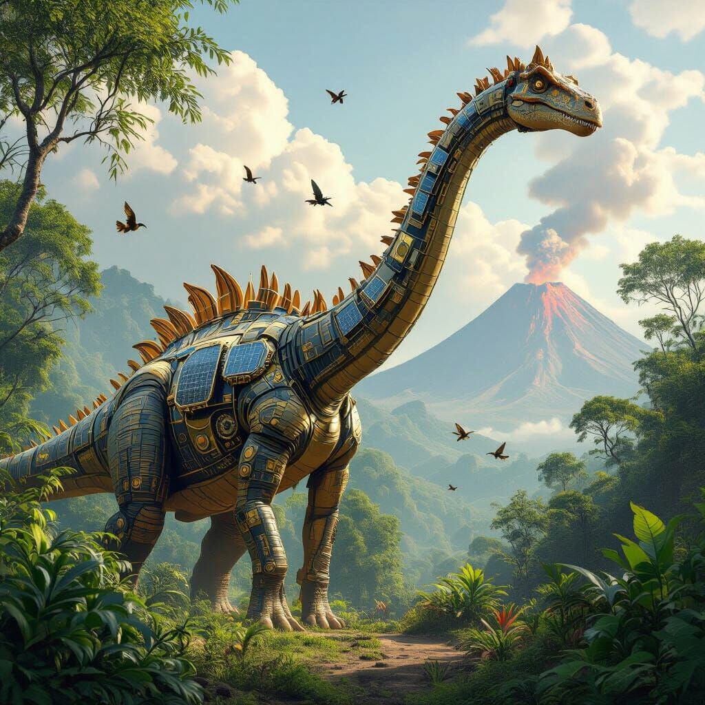 Steampunk Brachiosaurus in Prehistoric Jungle Matte Painting