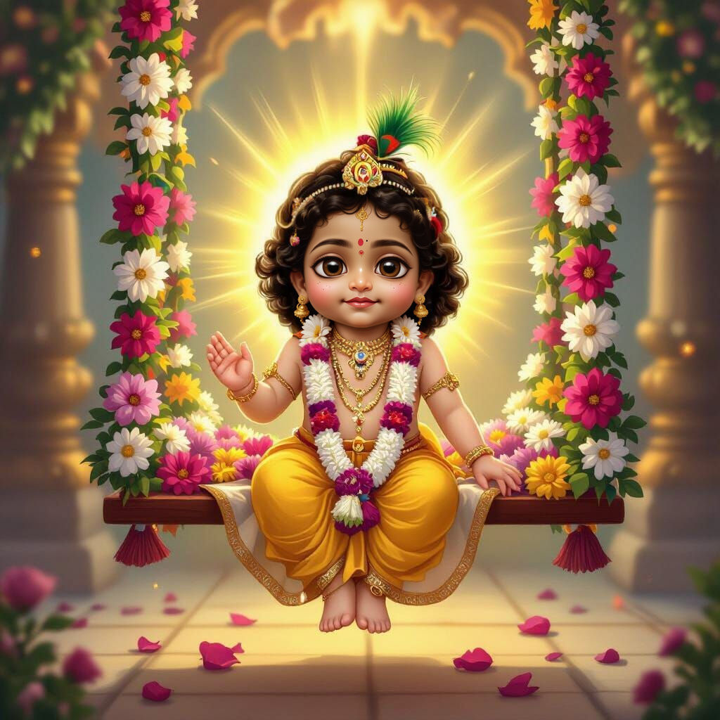 Laddu Gopal on Flower Swing with Golden Light