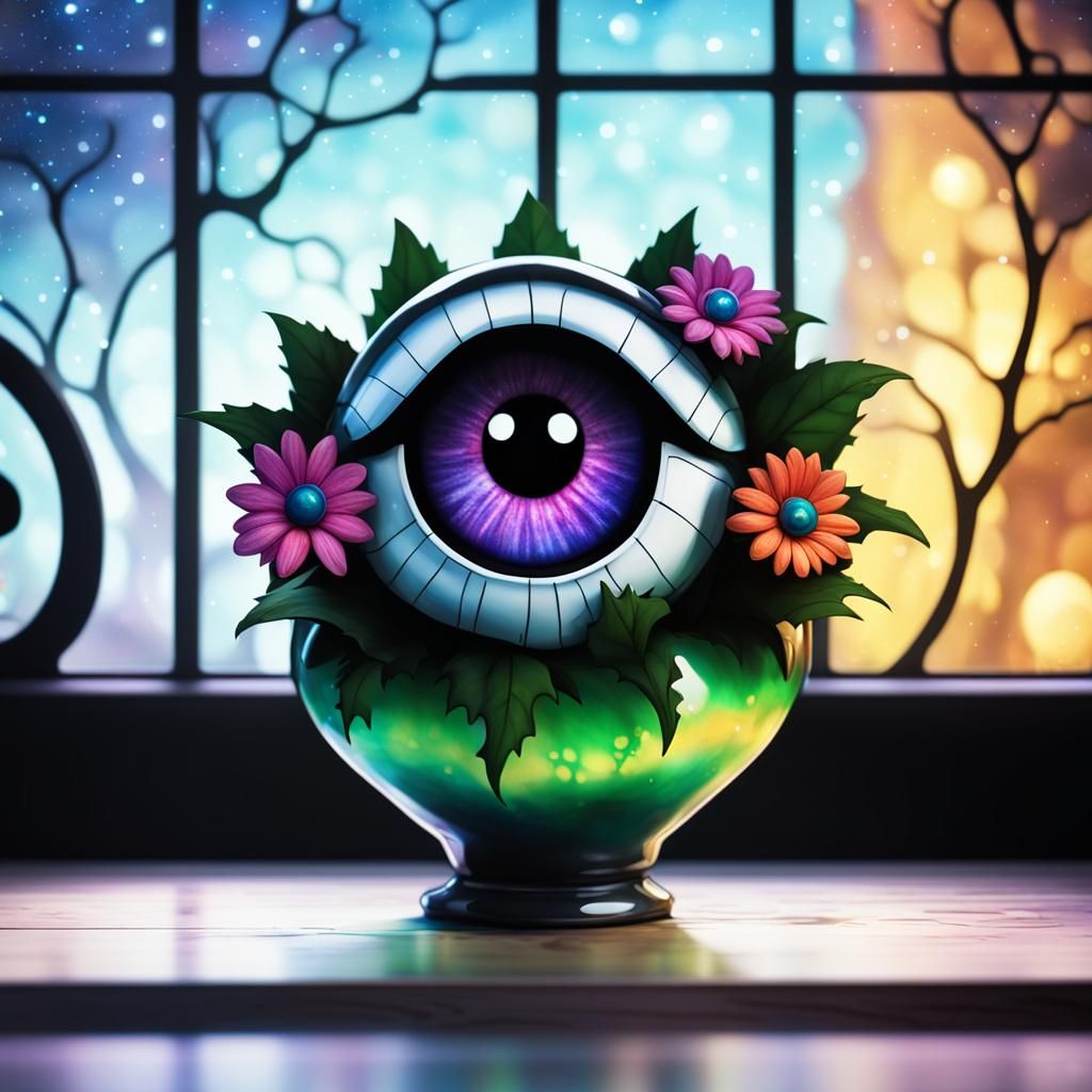 Psychedelic Eyeball Flowers in Chibi Cartoon Style