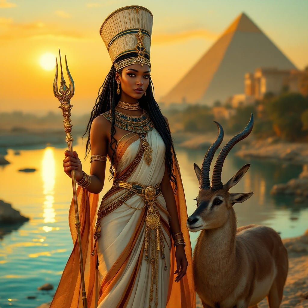 Egyptian Goddess Satis in Regal Attire Stands Beside Loyal A...