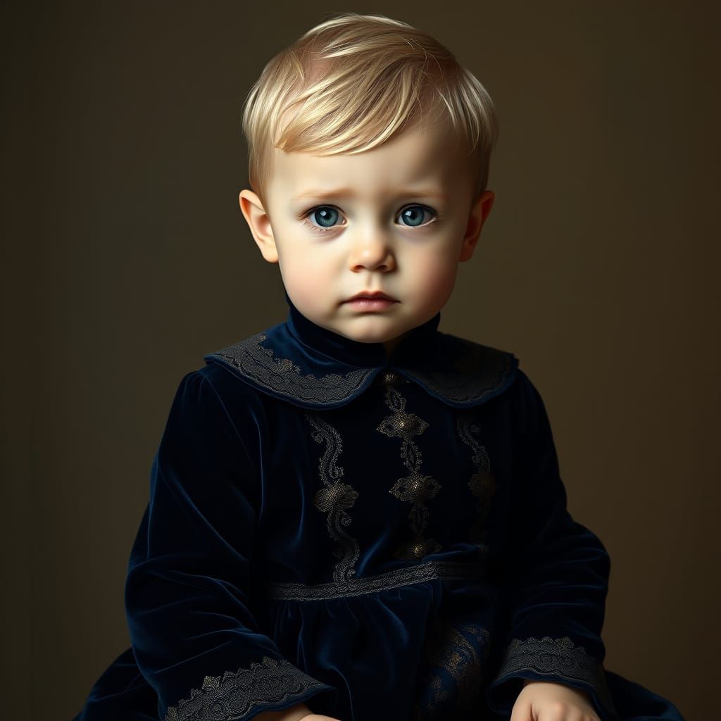 Child in Velvet Attire with Emerald Eyes, in the Style of th...
