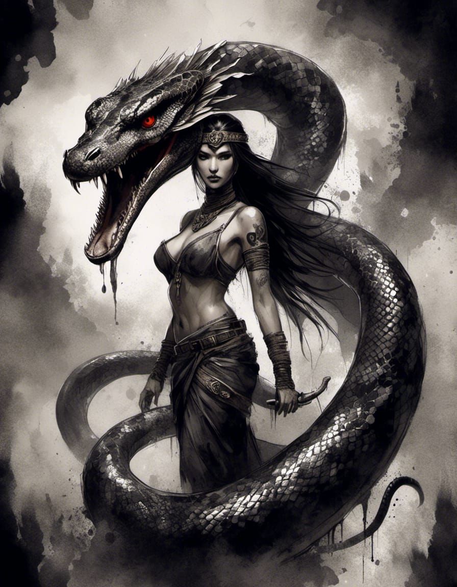 Naga Serpent Woman in Watercolor Dark Fantasy
