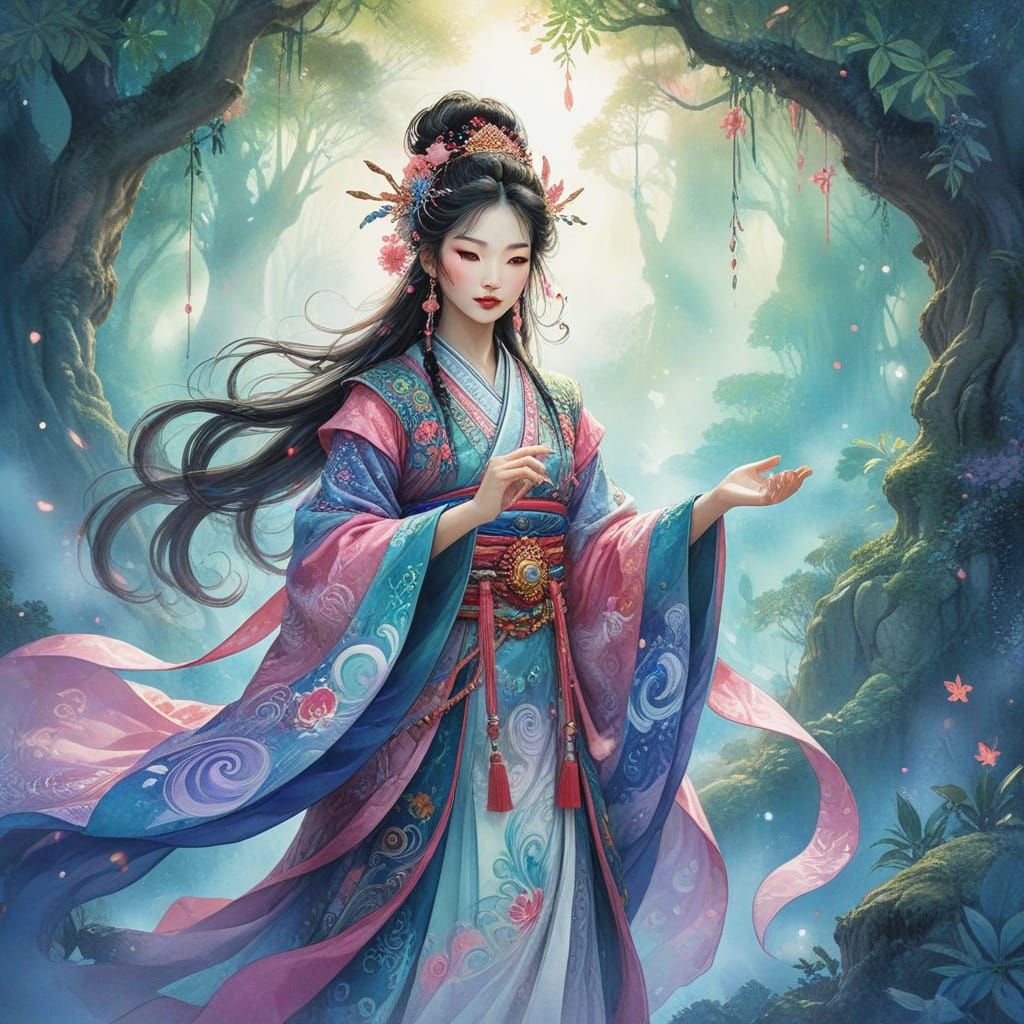 Kitsch Fantasy Portrait of an Asian Shaman in Watercolor Sty...