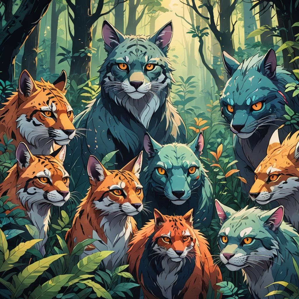 Manga Animals in Lush Forest with Vivid Colors