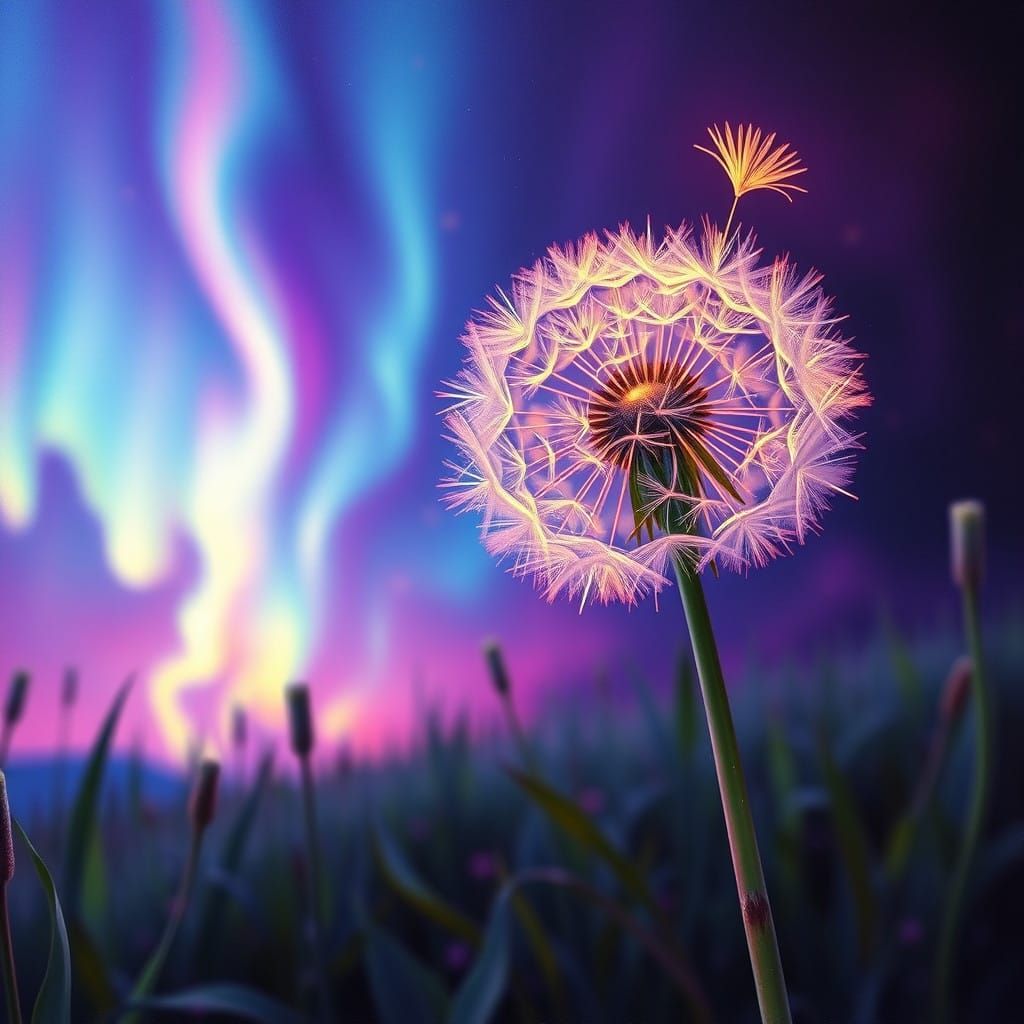 Surreal Neon Landscape with Bioluminescent Dandelion