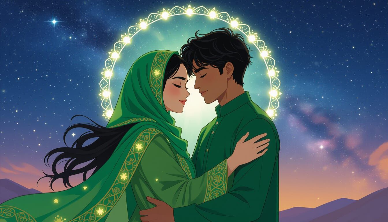 Couple Embracing Earth Under Cosmic Sky