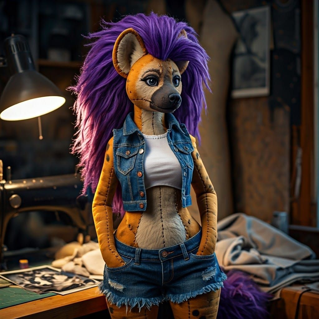 Hyper-Realistic She-Hyena Effigy in Whimsical Textiles