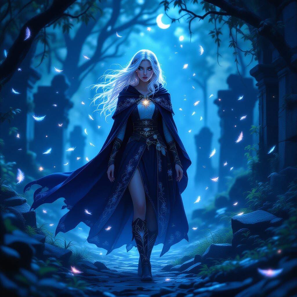 Starlit Fantasy Forest with Ethereal Sorceress