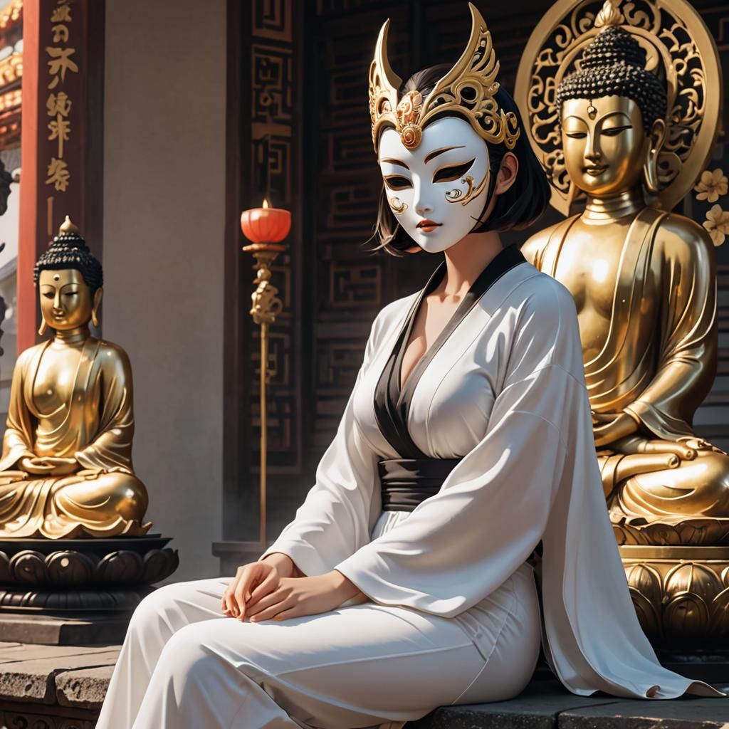 Anime Woman with Mask in Temple Setting