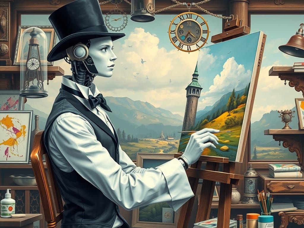 Elegant AI Painter Enscapes Futuristic Landscape in Gouache