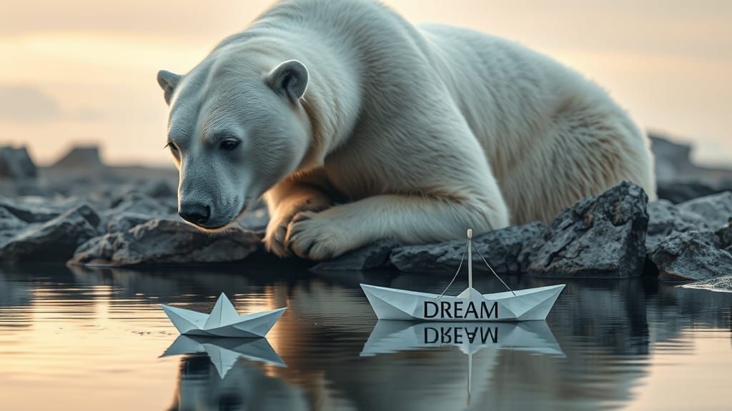 Contemplative Polar Bear with Paper Boat