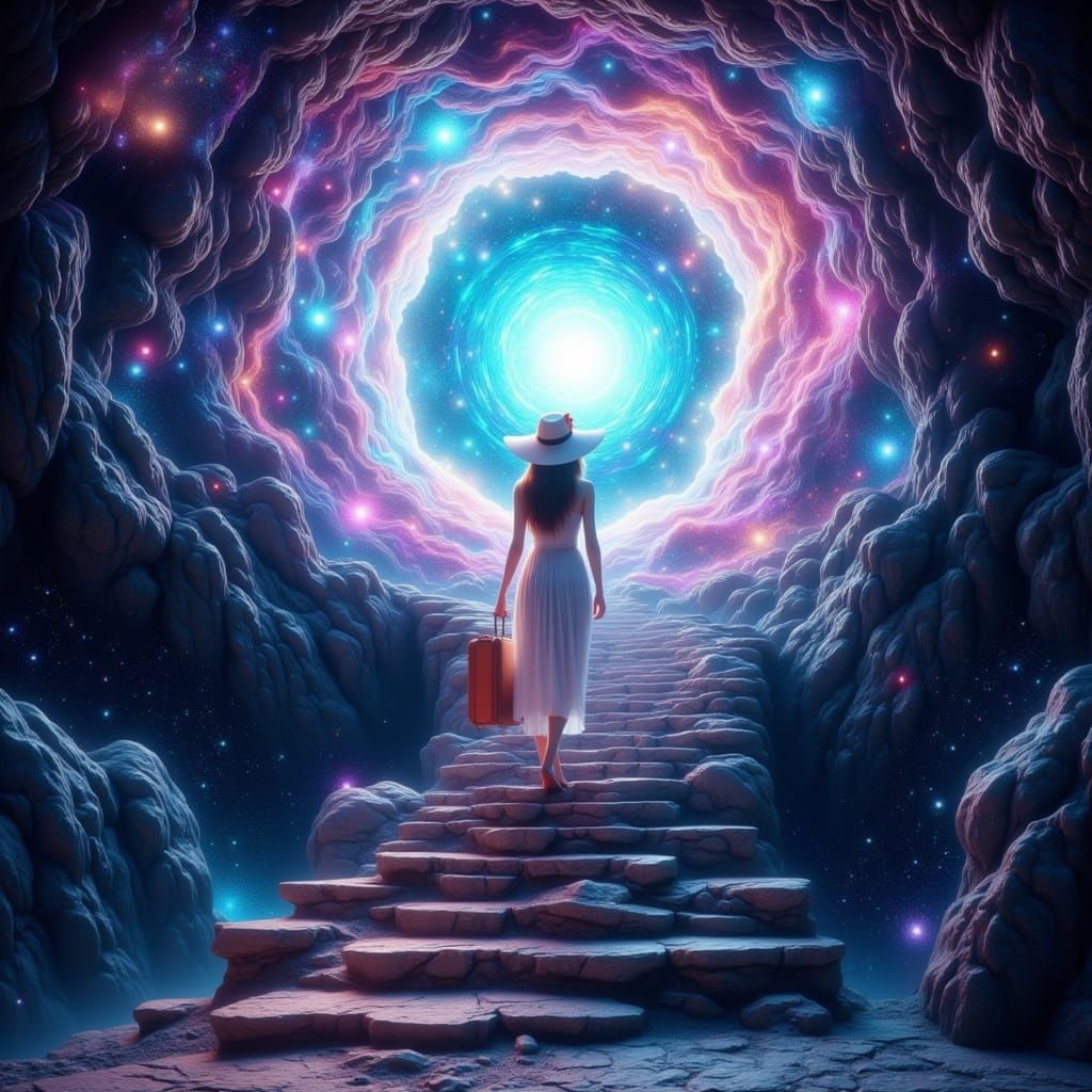 Woman Ascends Cosmic Staircase to Portal in Surreal 3D Art