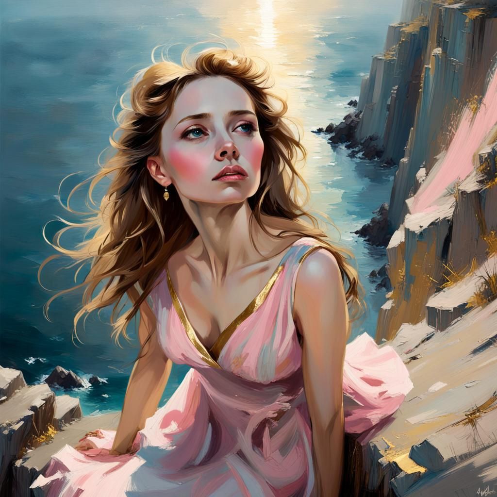 Woman on Cliff: Impressionist Matte Painting
