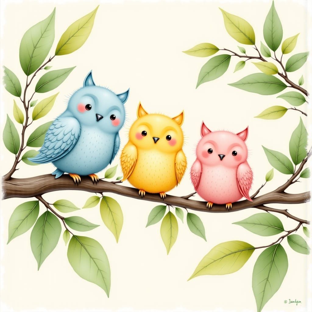 Whimsical Owls on Branch in Beatrix Potter Style