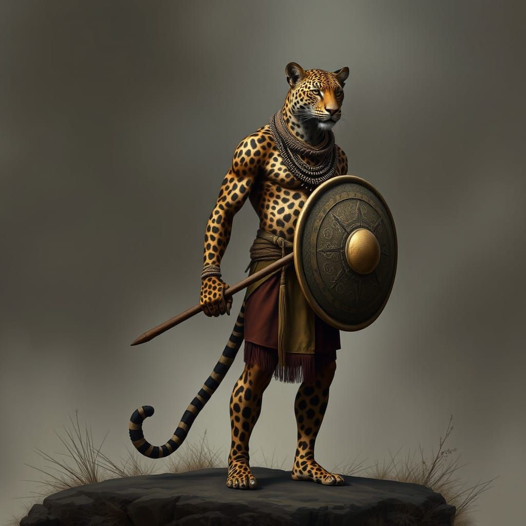 African Leopard Warrior Standing Tall with Shield and Spear....