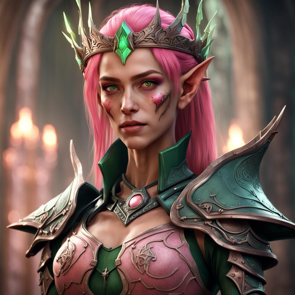 High Elf Necromancer with Pink Hair, Fantasy Art