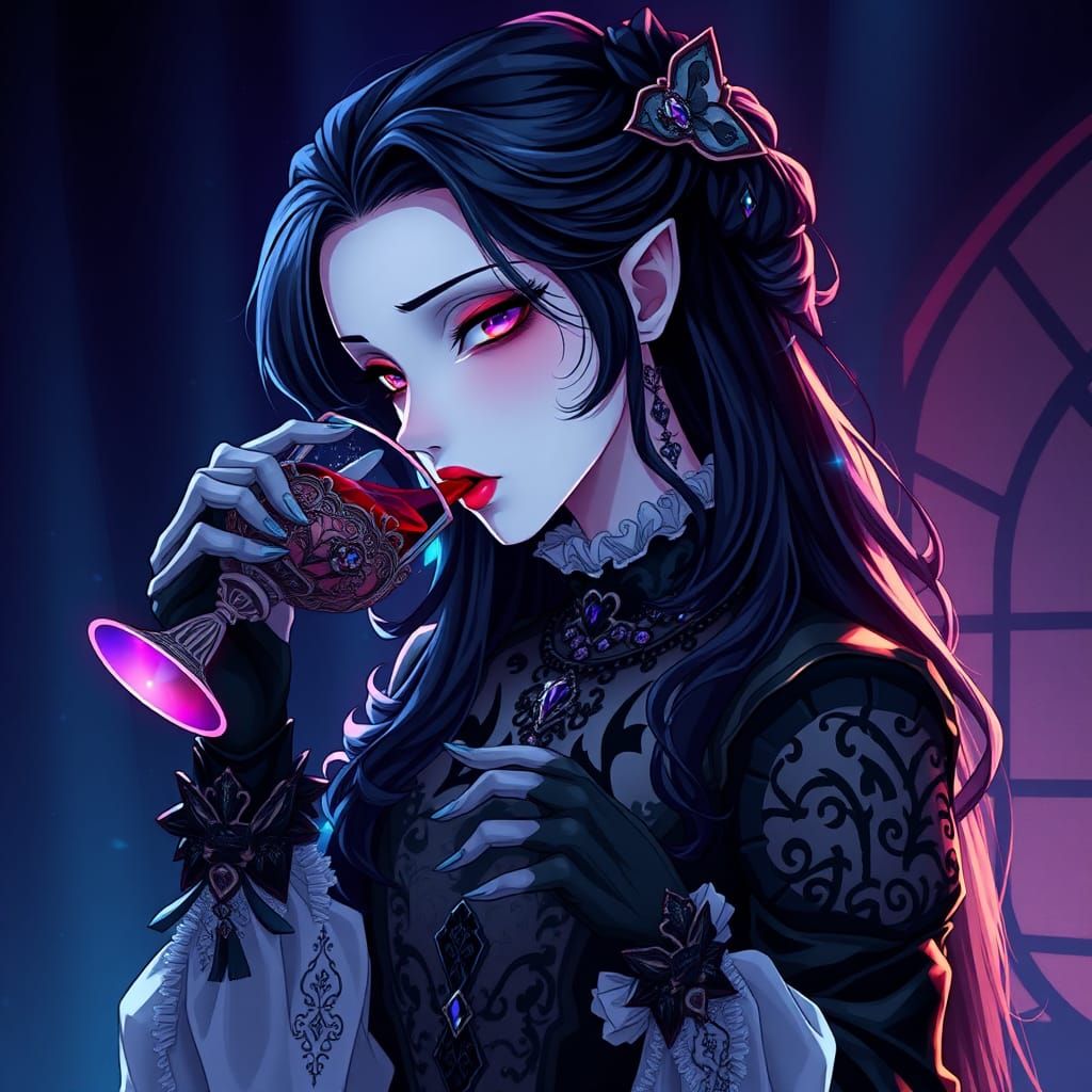 Ethereal Vampire Drinks Blood in Studio Trigger Anime Style