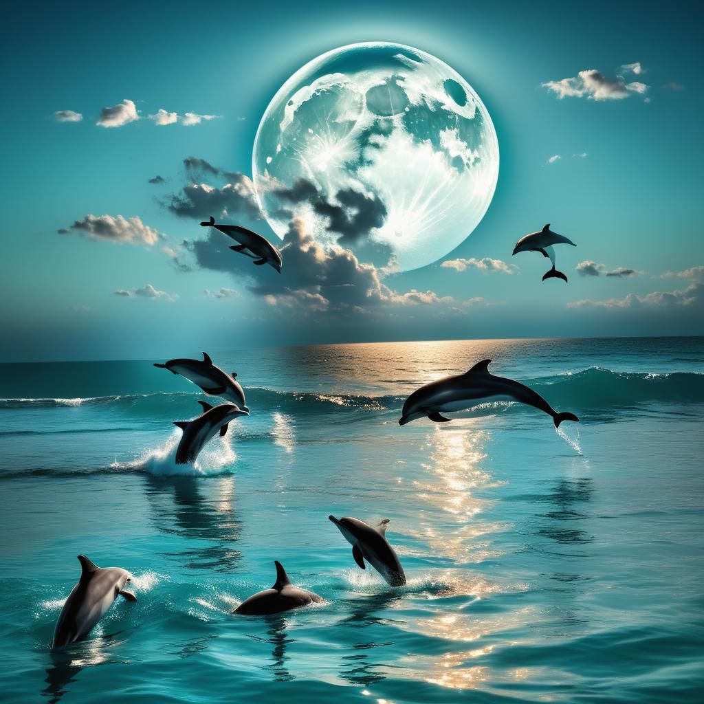Huge silver moon shining down on a beautiful sea of dolphins...