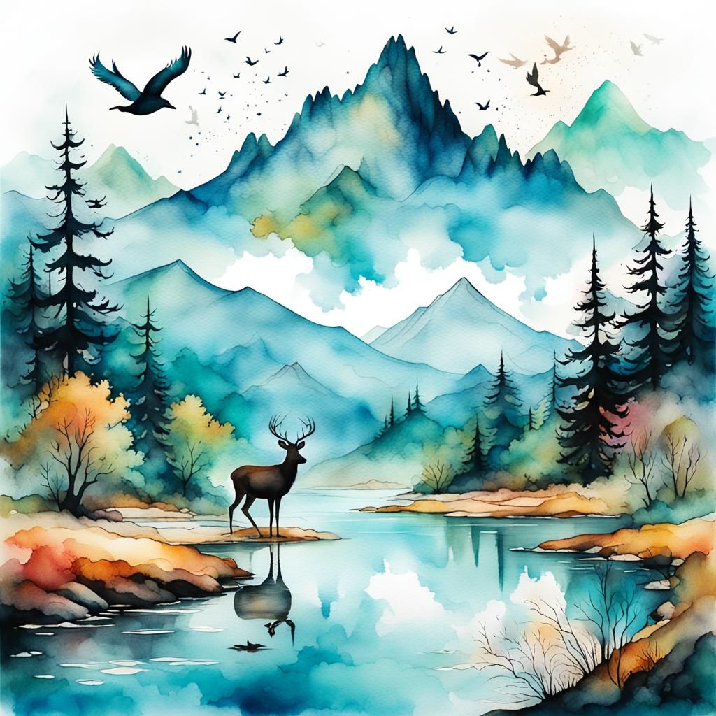 Mountain Vista in Ink Blot, Fantasy Concept Art