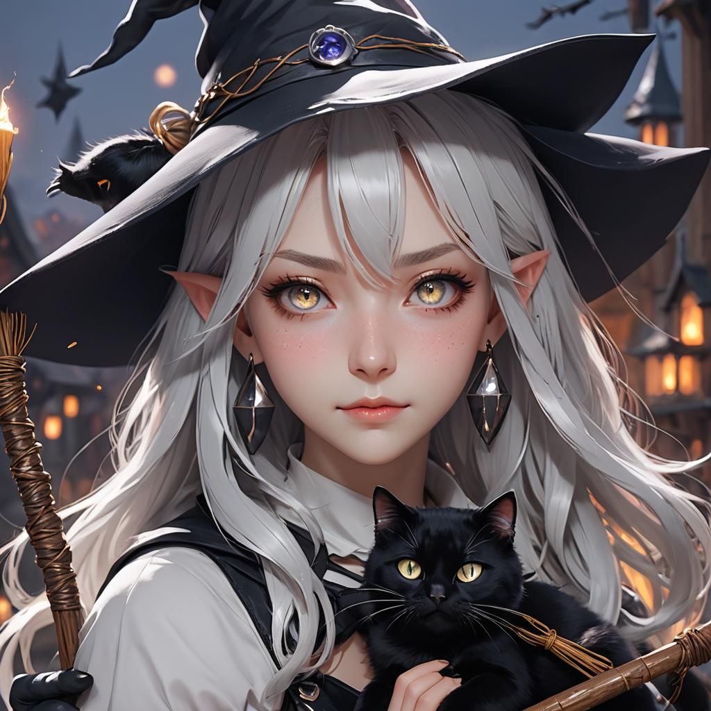 Anime Witch Girl with Cat, 3D Digital Art