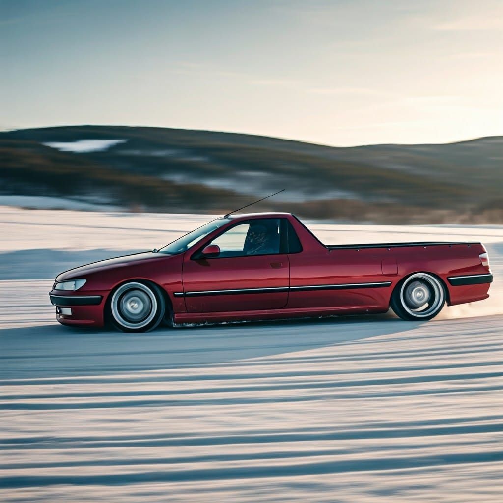 Red Peugeot 406 Coupe Pickup Drifting on Snowy Hills
