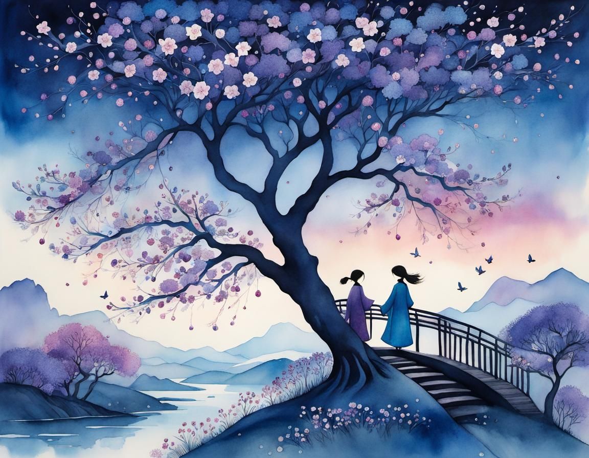 Whimsical Twilight Walk Under Plum Blossoms