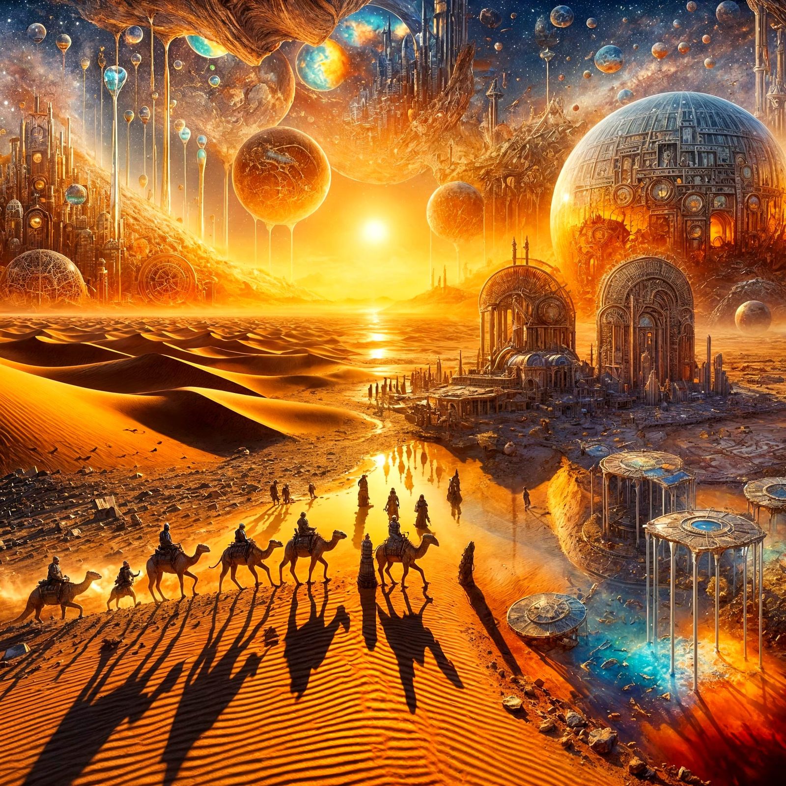 Surreal Desert with Shattered Glass and Refracted Timelines