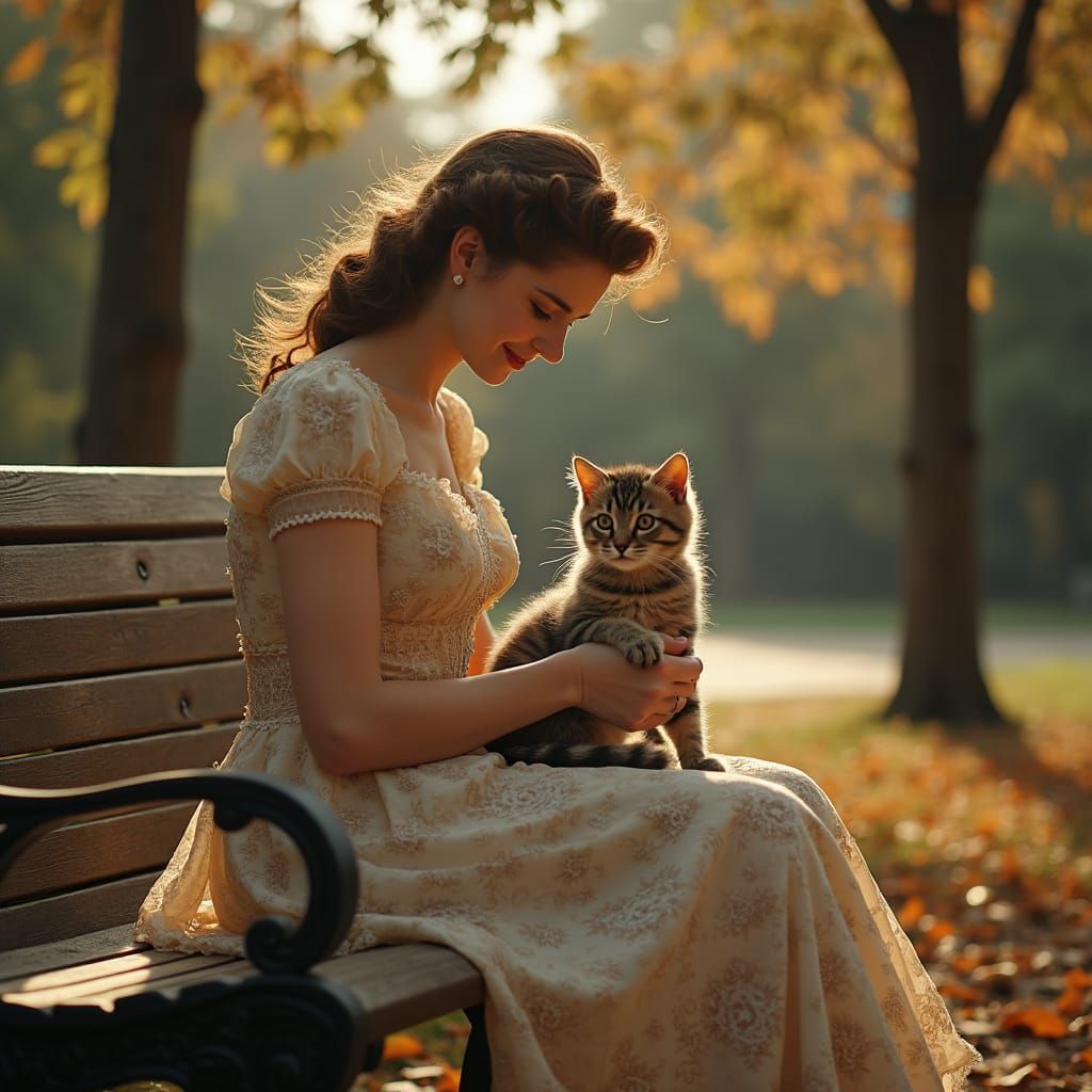Woman with Kitten on 1940s Bench