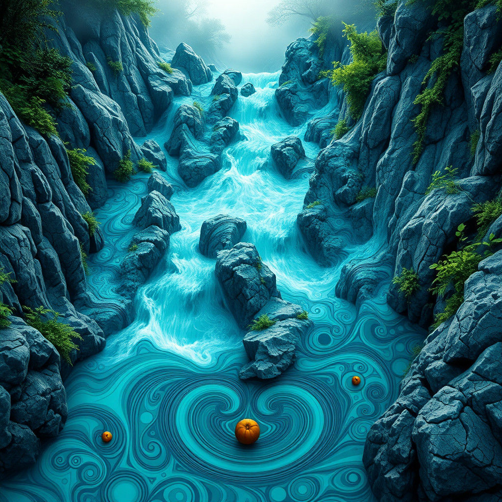 Turquoise Water Cascades Down Misty Mountain Crags